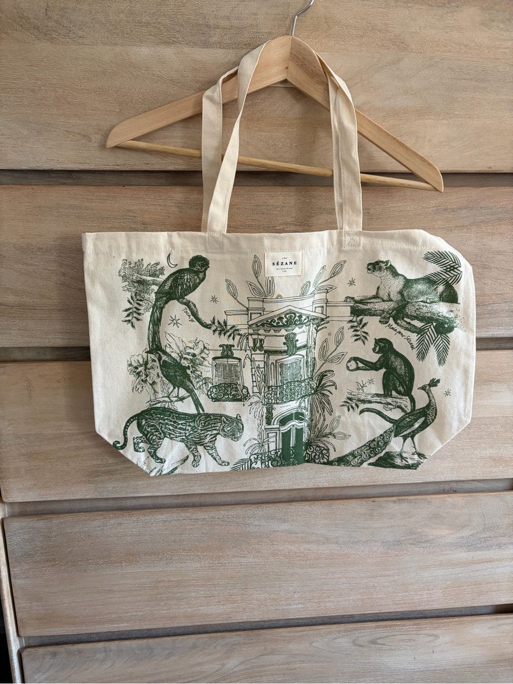 Sezane Cream Canvas Tote with Green Jungle Print